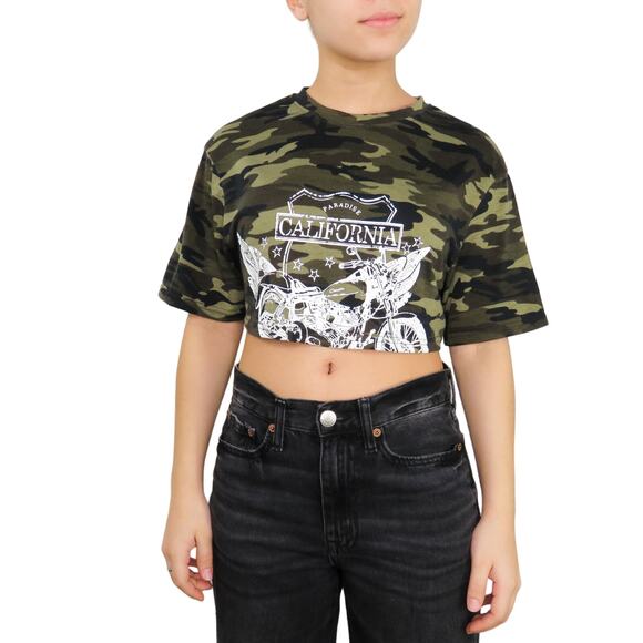 Shein Bikercore Camo Motorcycle Cropped Graphic Tee Crop Top XS - Picture 2 of 11